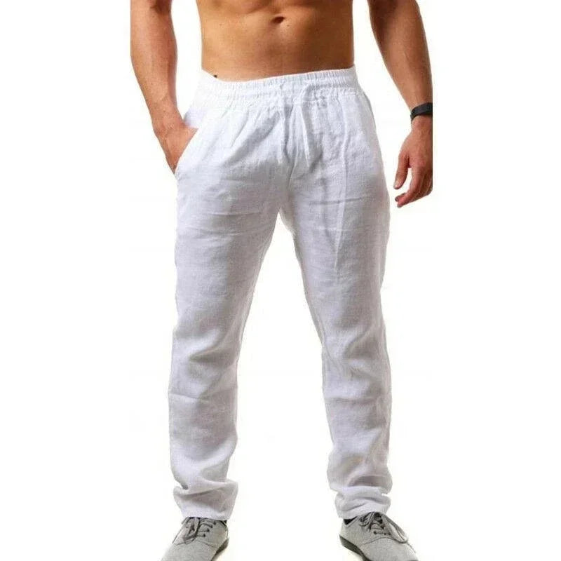 Sports pants new spring/summer fashion brand men's hip-hop breathable cotton linen solid color simple drawstring wide leg pants by Rad Living