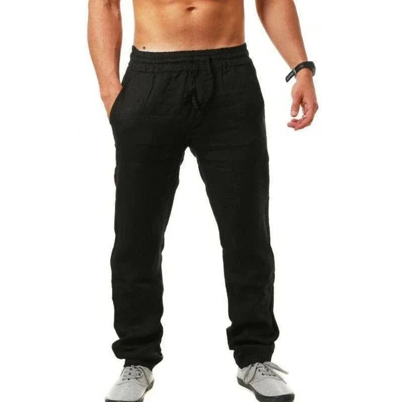 Sports pants new spring/summer fashion brand men's hip-hop breathable cotton linen solid color simple drawstring wide leg pants by Rad Living