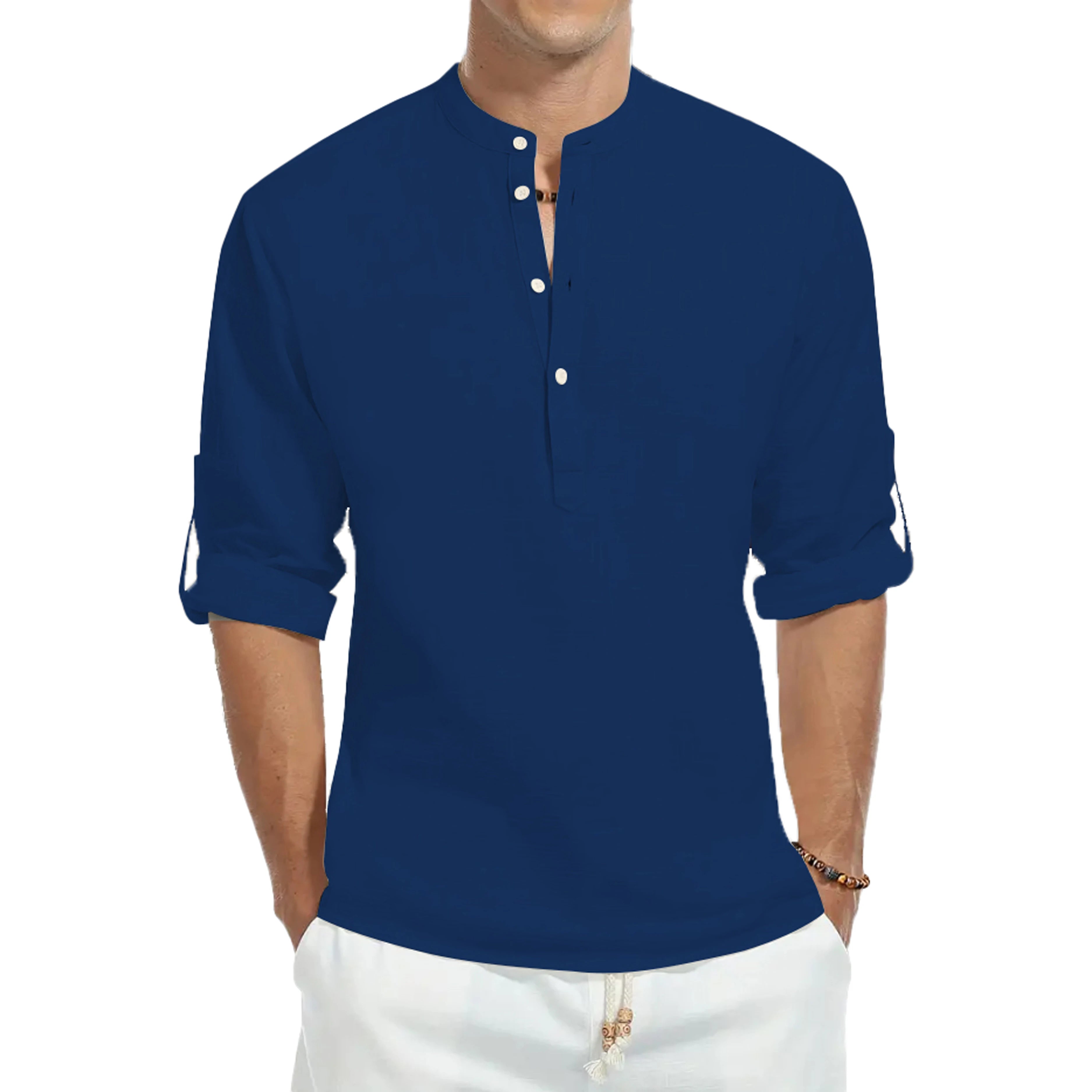 Casual shirts, loose cotton men's shirts, fashionable stand-up collar solid color long-sleeved T-shirts, handsome slim-fit tops by Rad Living
