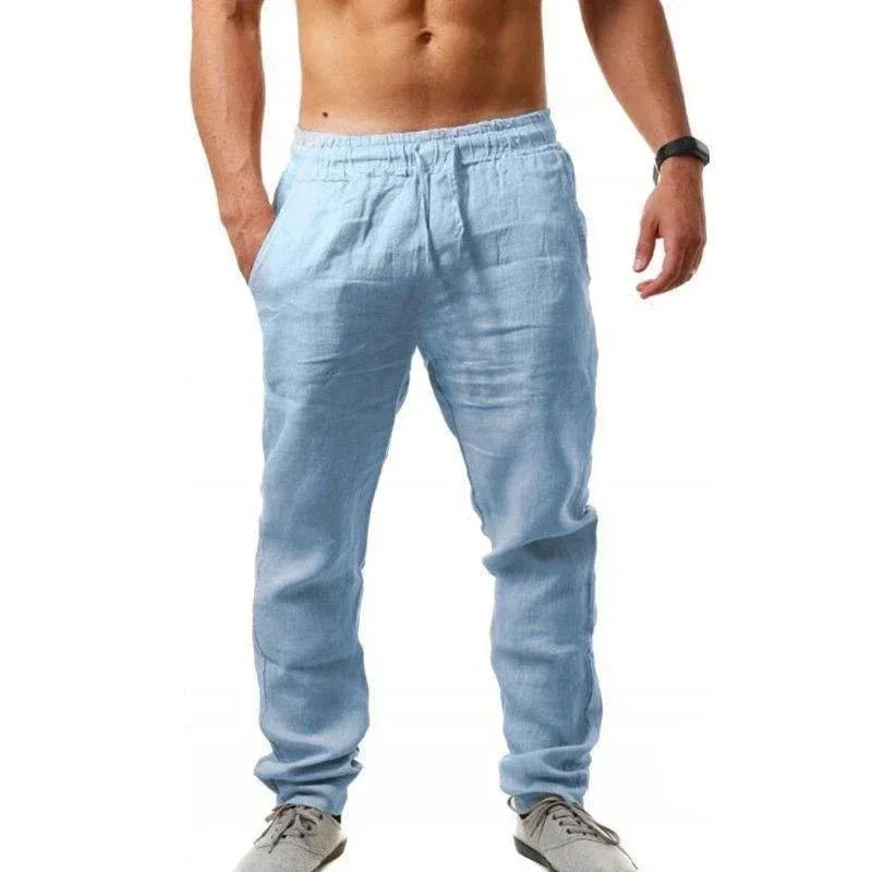 Sports pants new spring/summer fashion brand men's hip-hop breathable cotton linen solid color simple drawstring wide leg pants by Rad Living