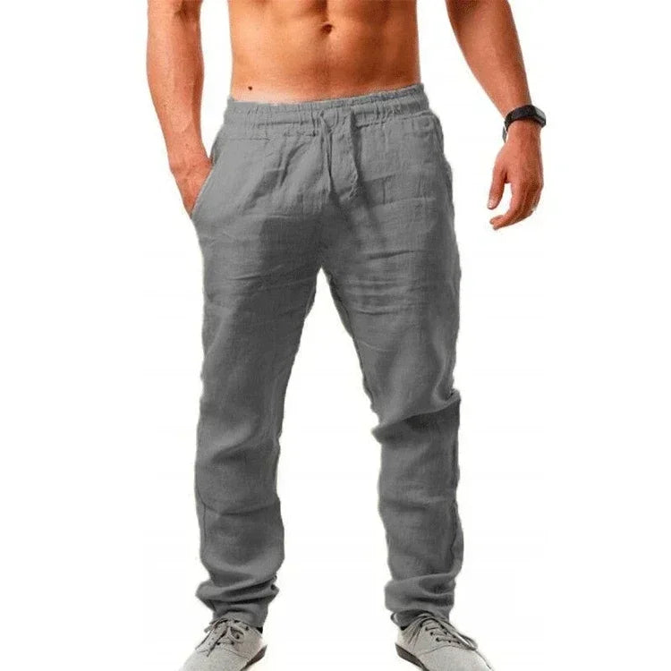 Sports pants new spring/summer fashion brand men's hip-hop breathable cotton linen solid color simple drawstring wide leg pants by Rad Living