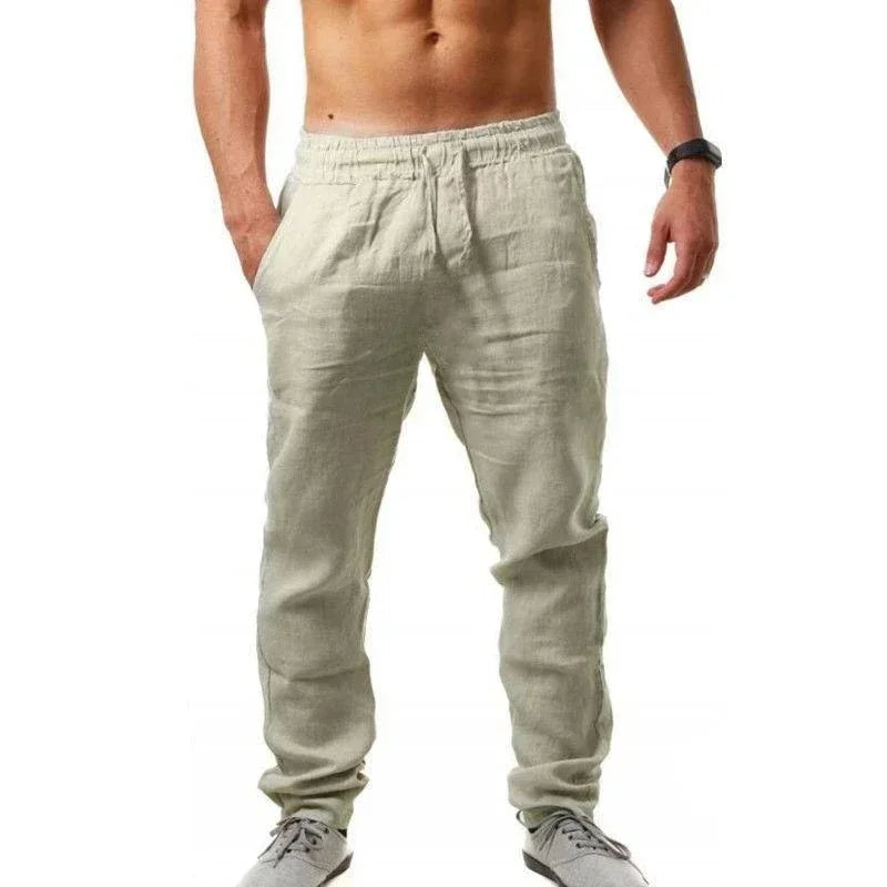 Sports pants new spring/summer fashion brand men's hip-hop breathable cotton linen solid color simple drawstring wide leg pants by Rad Living