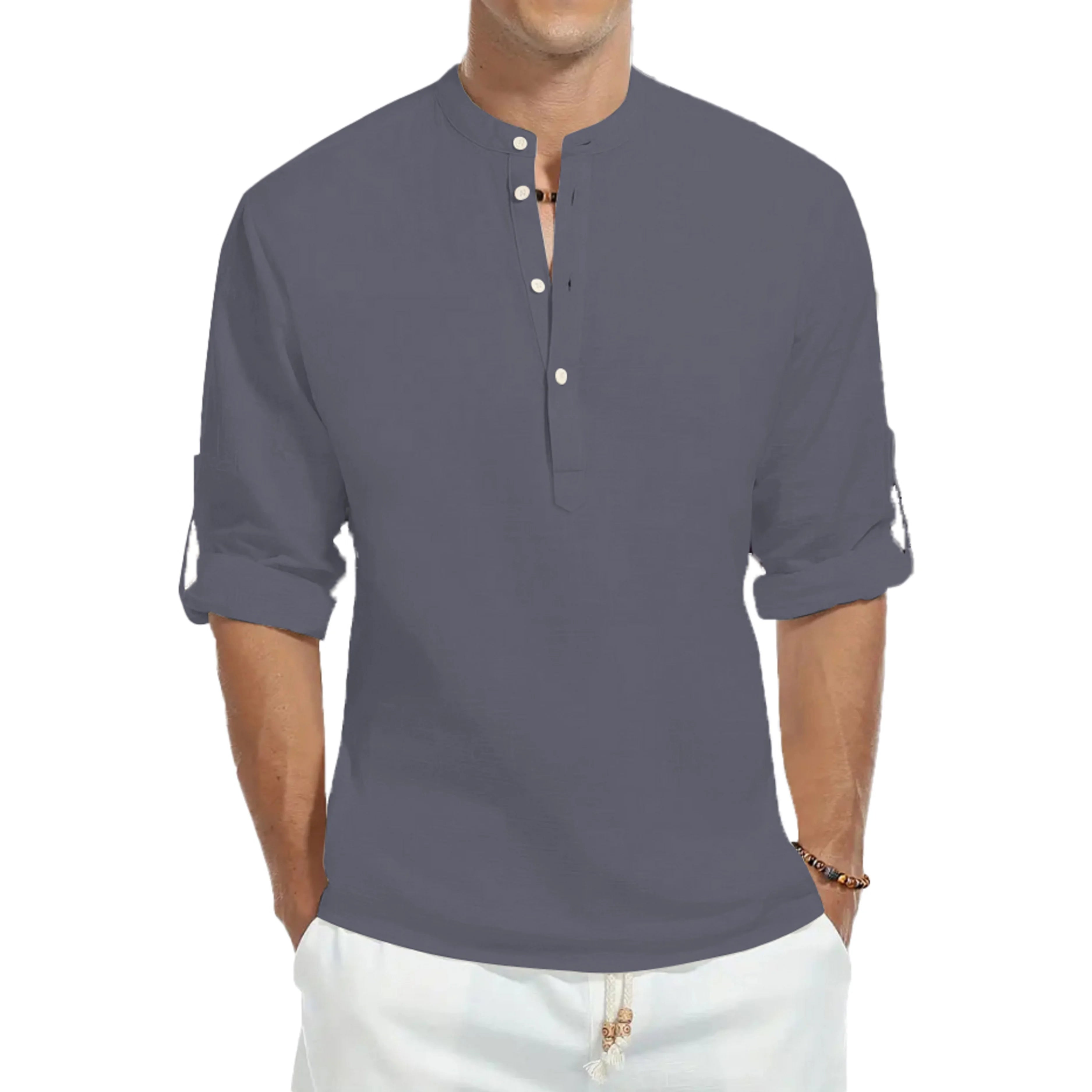 Casual shirts, loose cotton men's shirts, fashionable stand-up collar solid color long-sleeved T-shirts, handsome slim-fit tops by Rad Living