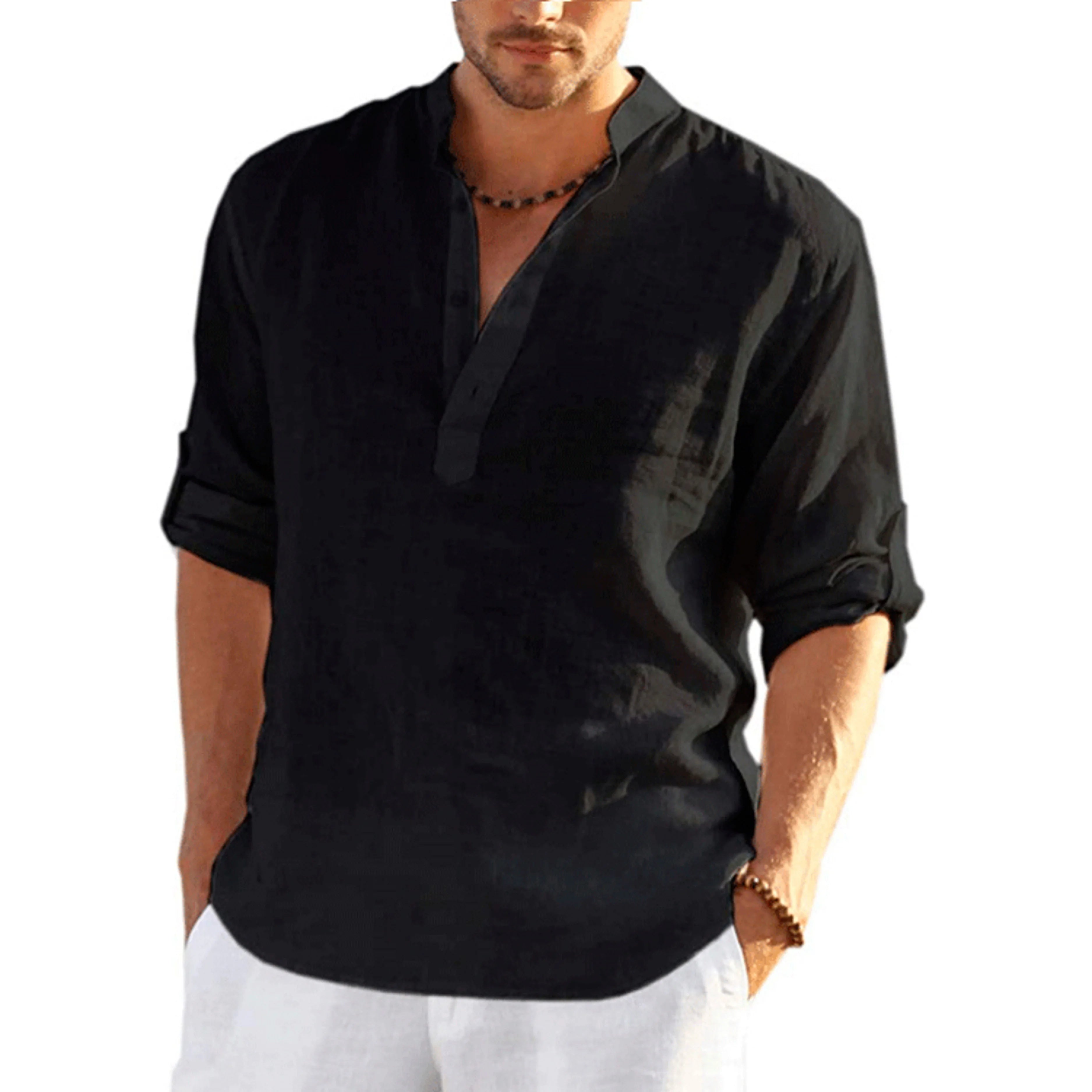 Casual shirts, loose cotton men's shirts, fashionable stand-up collar solid color long-sleeved T-shirts, handsome slim-fit tops by Rad Living