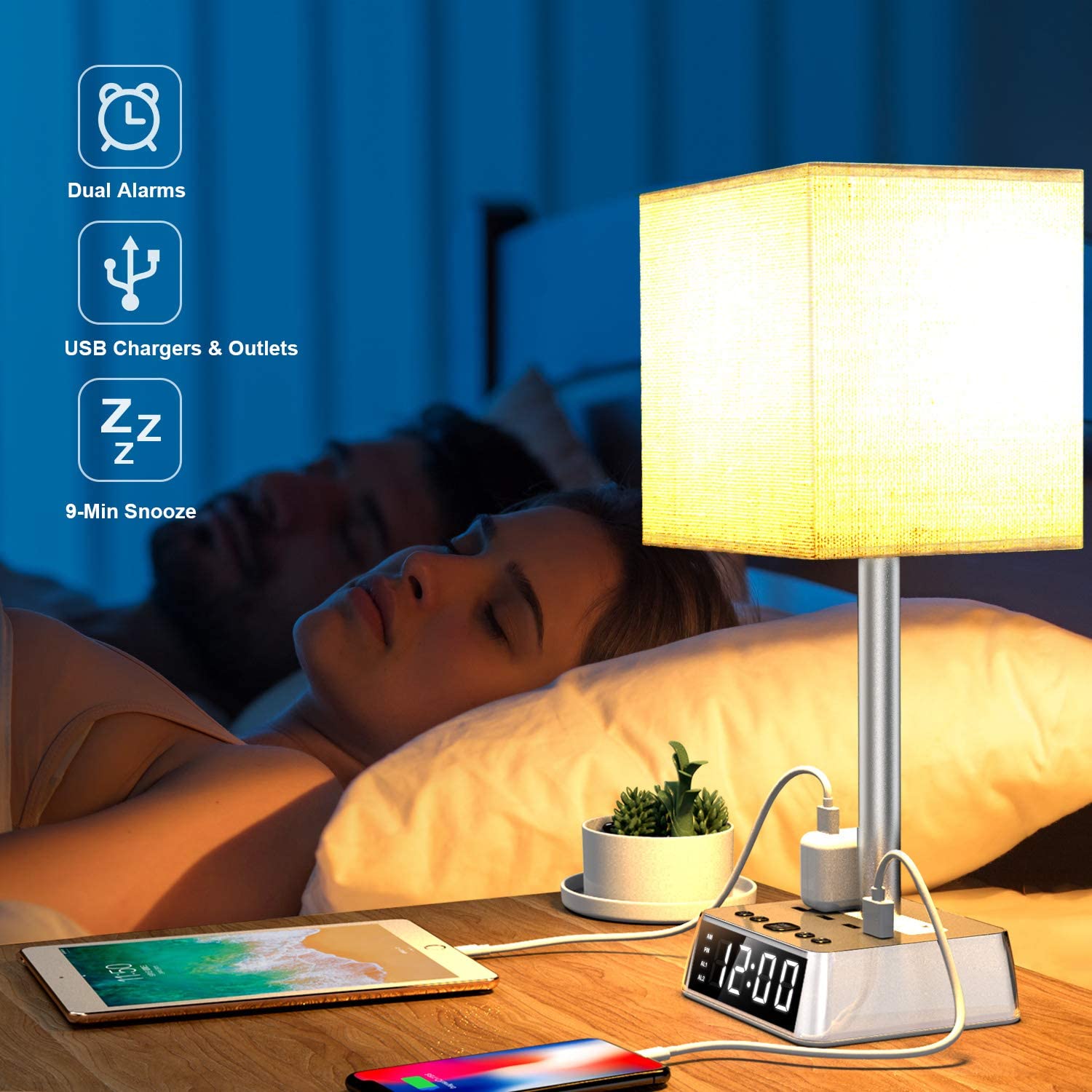 Table Lamp, 4 USB Ports &amp; AC Power Outlets, Alarm Clock by DC-THE CEO