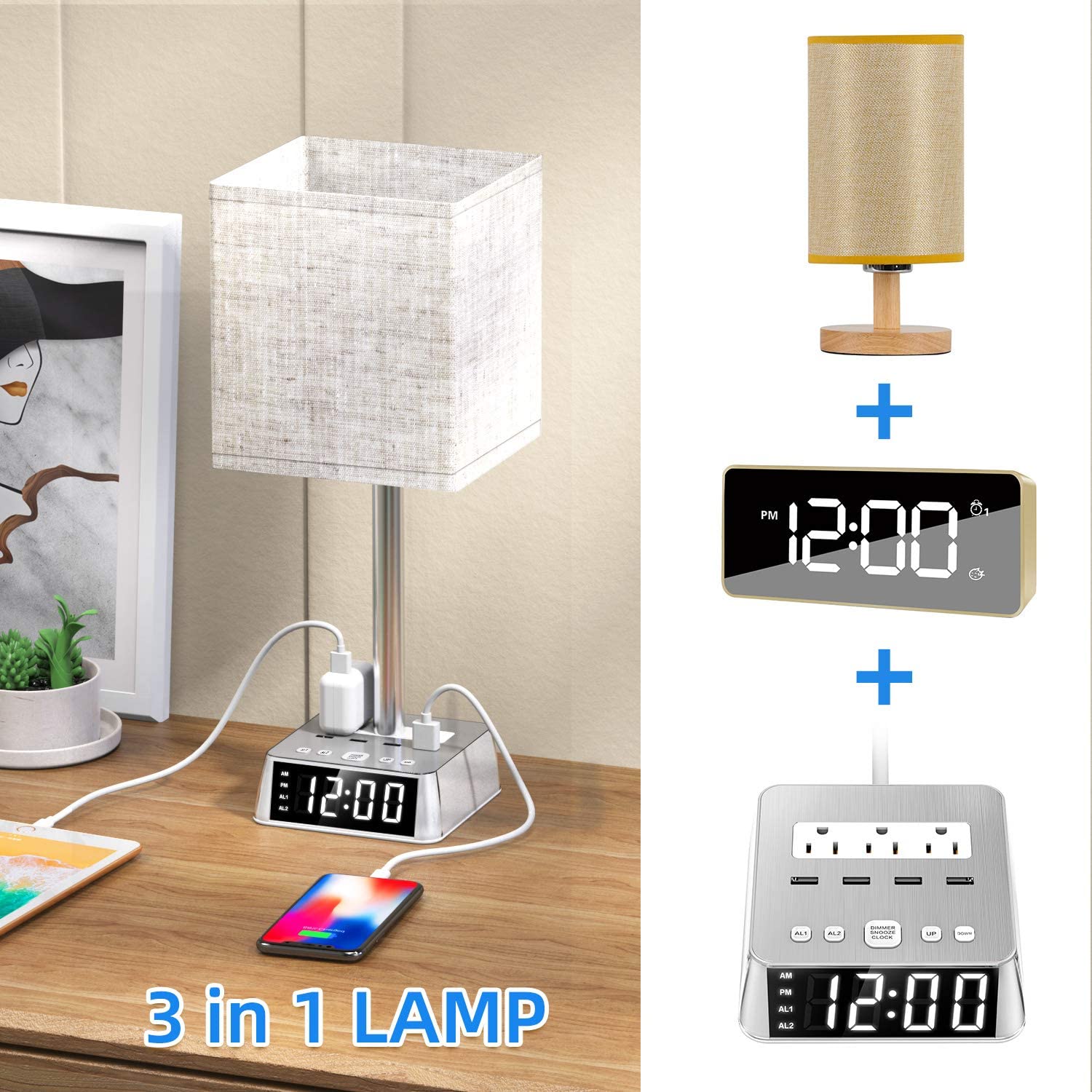 Table Lamp, 4 USB Ports &amp; AC Power Outlets, Alarm Clock by DC-THE CEO