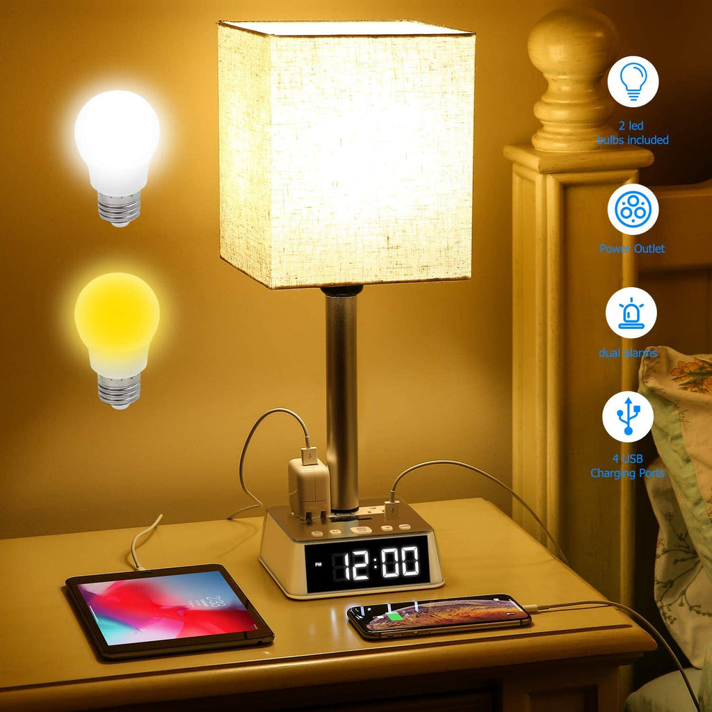 Table Lamp, 4 USB Ports &amp; AC Power Outlets, Alarm Clock by DC-THE CEO