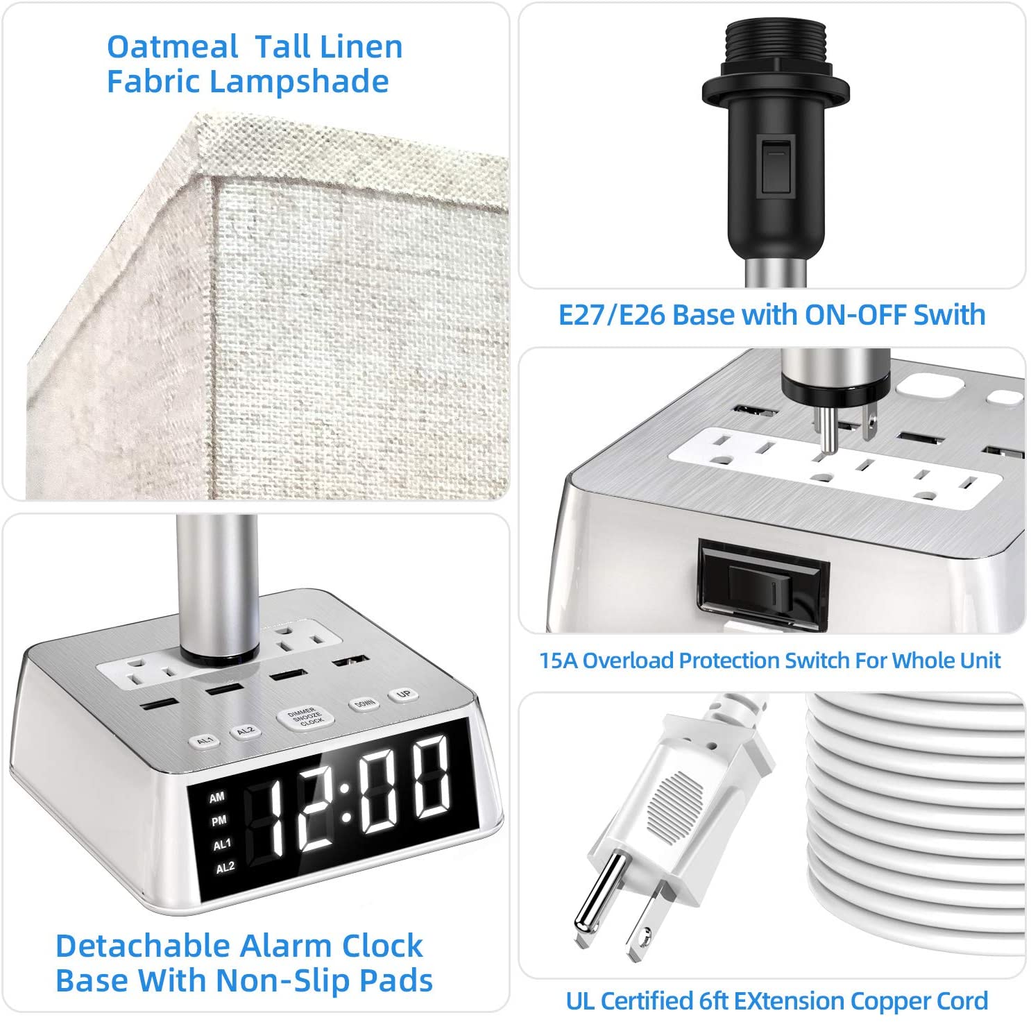 Table Lamp, 4 USB Ports &amp; AC Power Outlets, Alarm Clock by DC-THE CEO