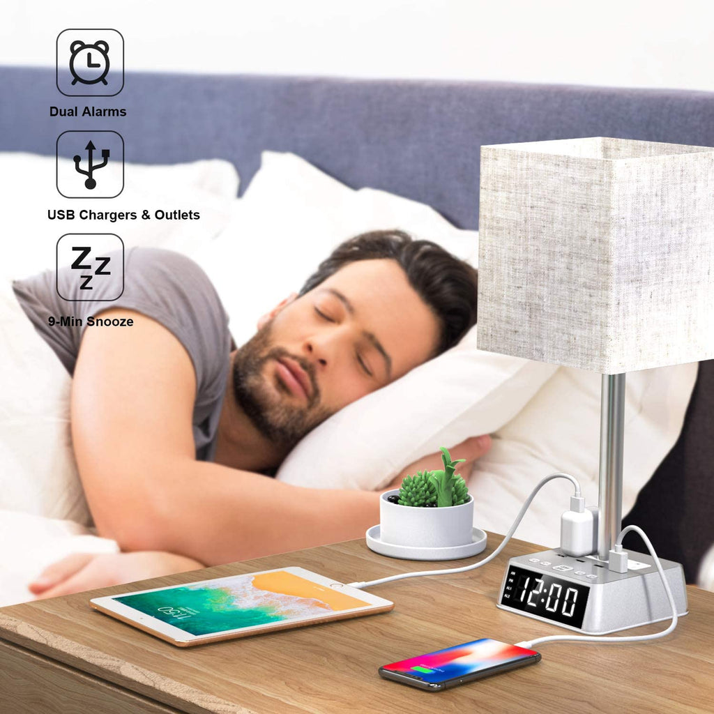 Table Lamp, 4 USB Ports &amp; AC Power Outlets, Alarm Clock by DC-THE CEO