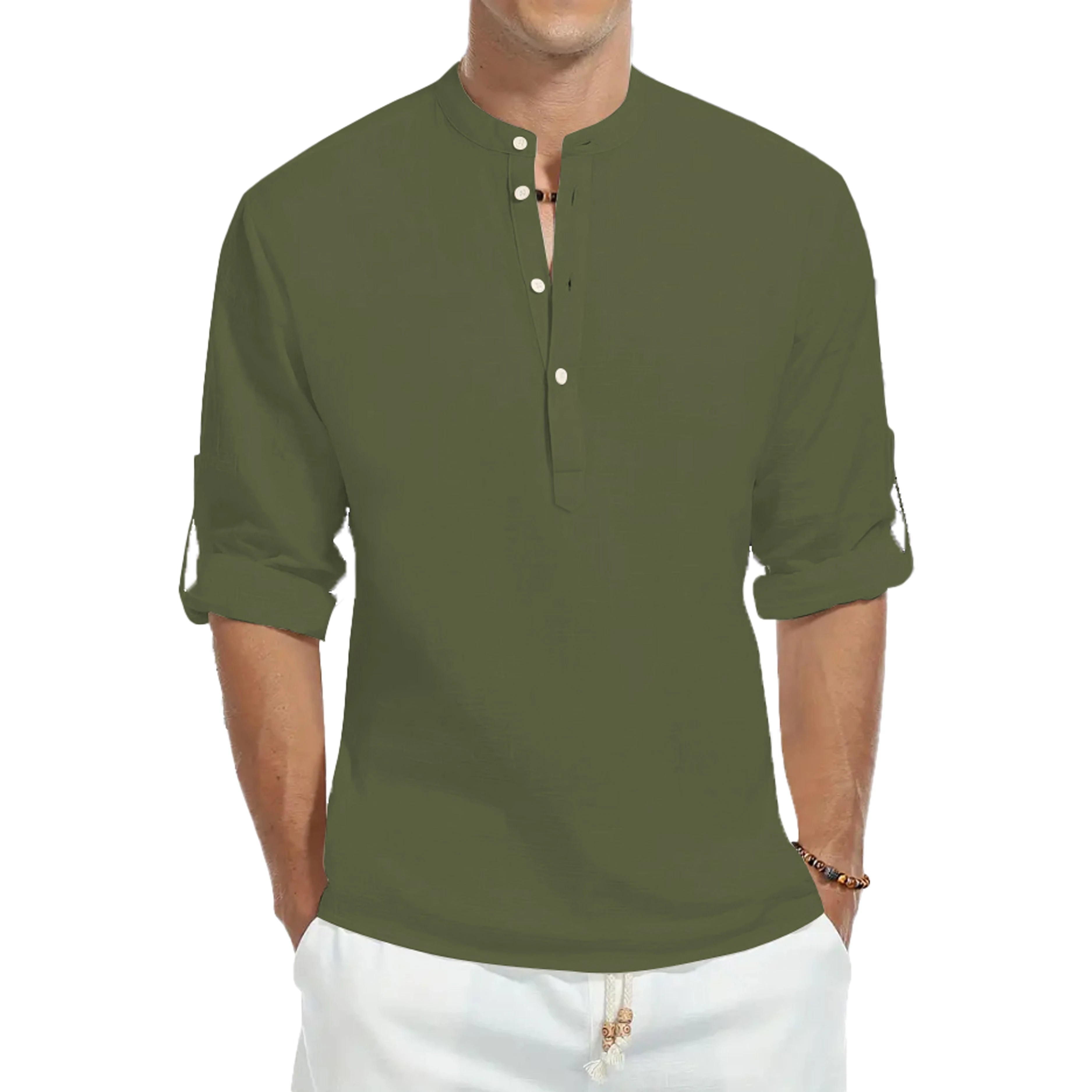 Casual shirts, loose cotton men's shirts, fashionable stand-up collar solid color long-sleeved T-shirts, handsome slim-fit tops by Rad Living