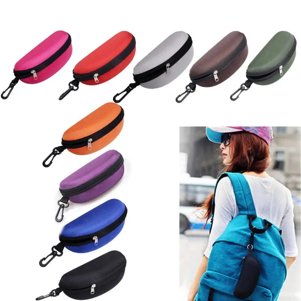 1pc Portable Sunglasses Case Protector Oxford Cloth Hard EVA Zippered Eyeglasses Case with Carabiner Unisex Eyewear Accessories by Rad Living
