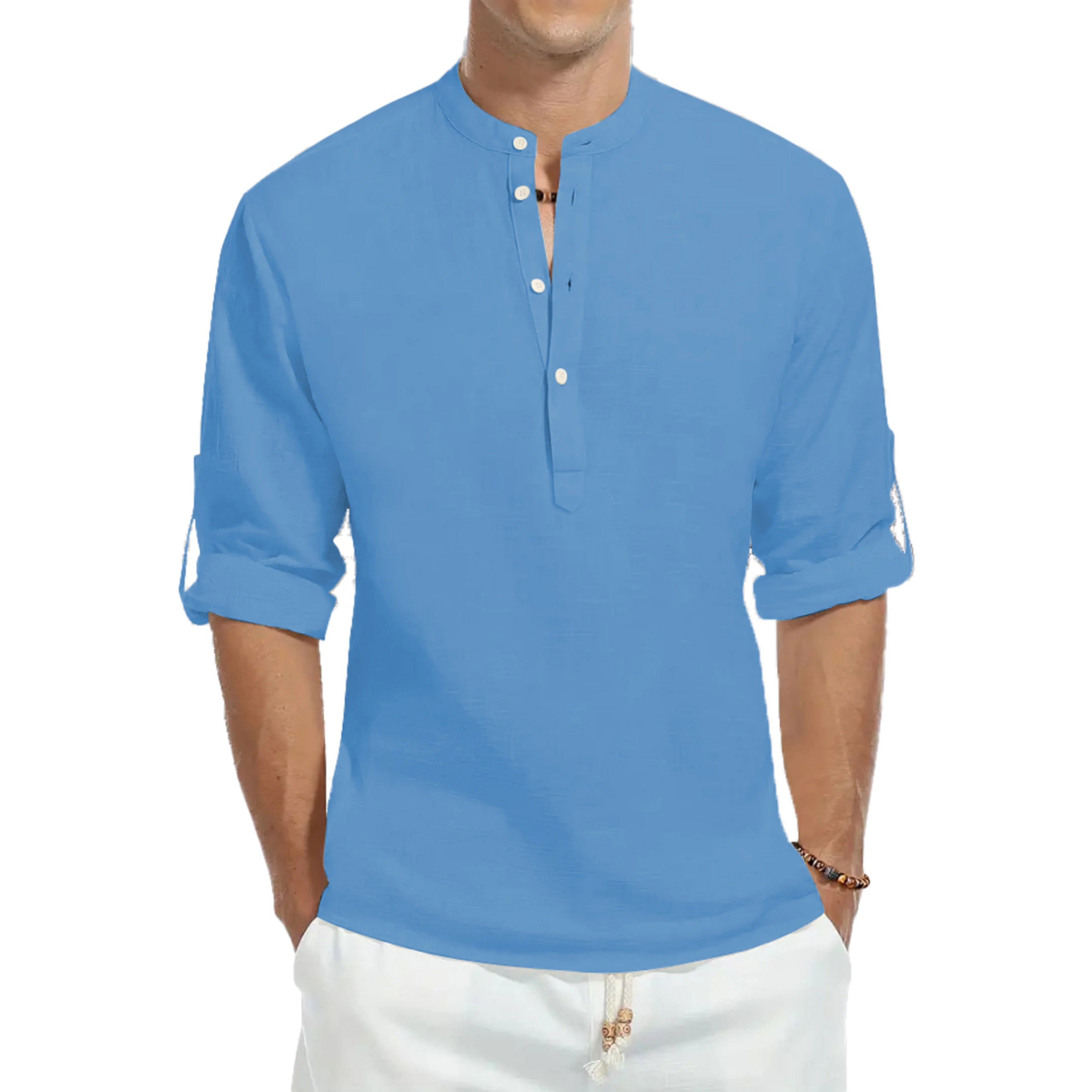 Casual shirts, loose cotton men's shirts, fashionable stand-up collar solid color long-sleeved T-shirts, handsome slim-fit tops by Rad Living