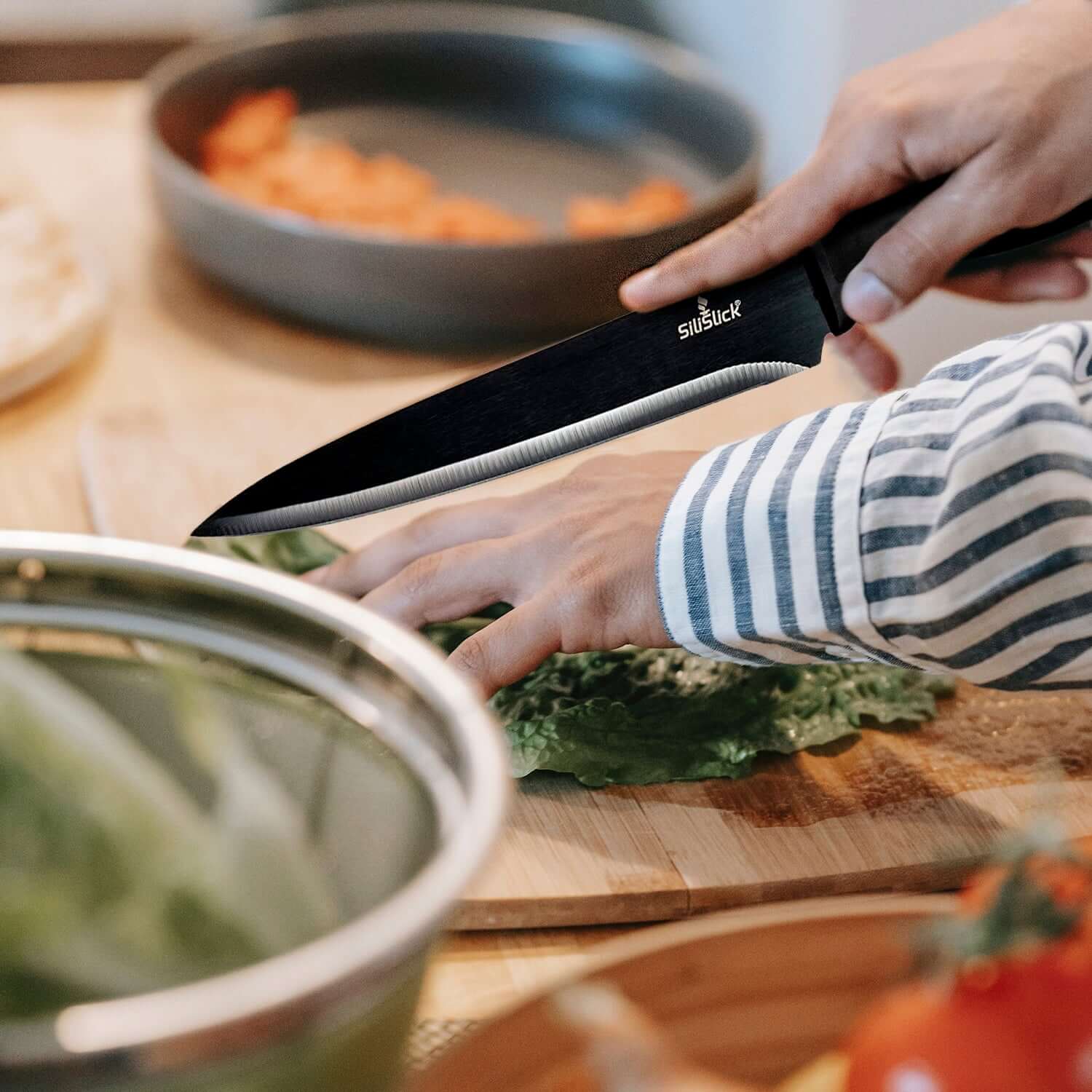 Kitchen Knife Set Kit | Black Magnetic Rack & Sharpener by DC-SiliSlick®