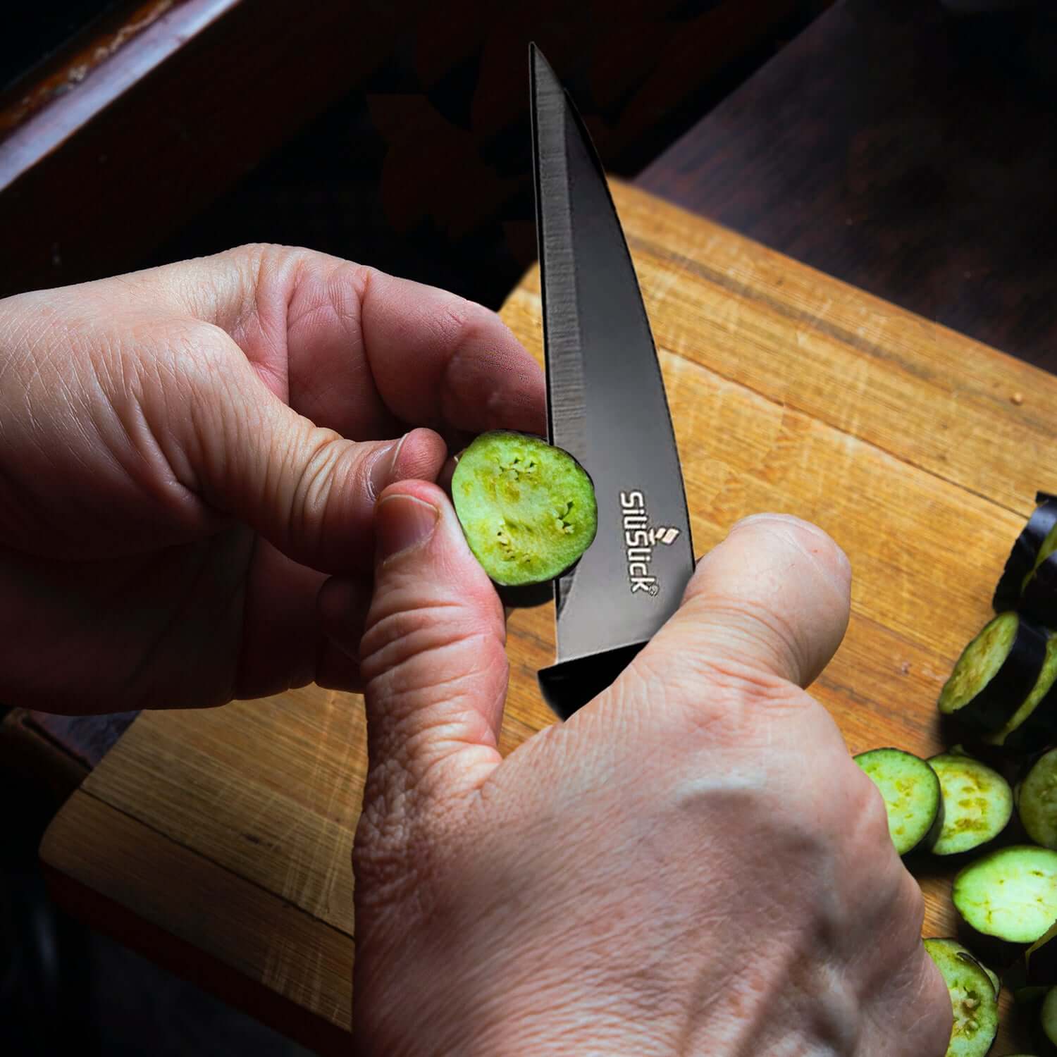 Kitchen Knife Set Kit | Black Magnetic Rack & Sharpener by DC-SiliSlick®