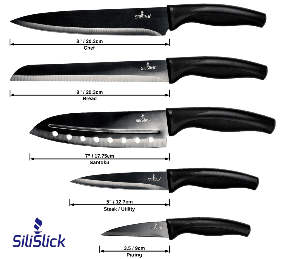 Kitchen Knife Set Kit | Black Magnetic Rack & Sharpener by DC-SiliSlick®