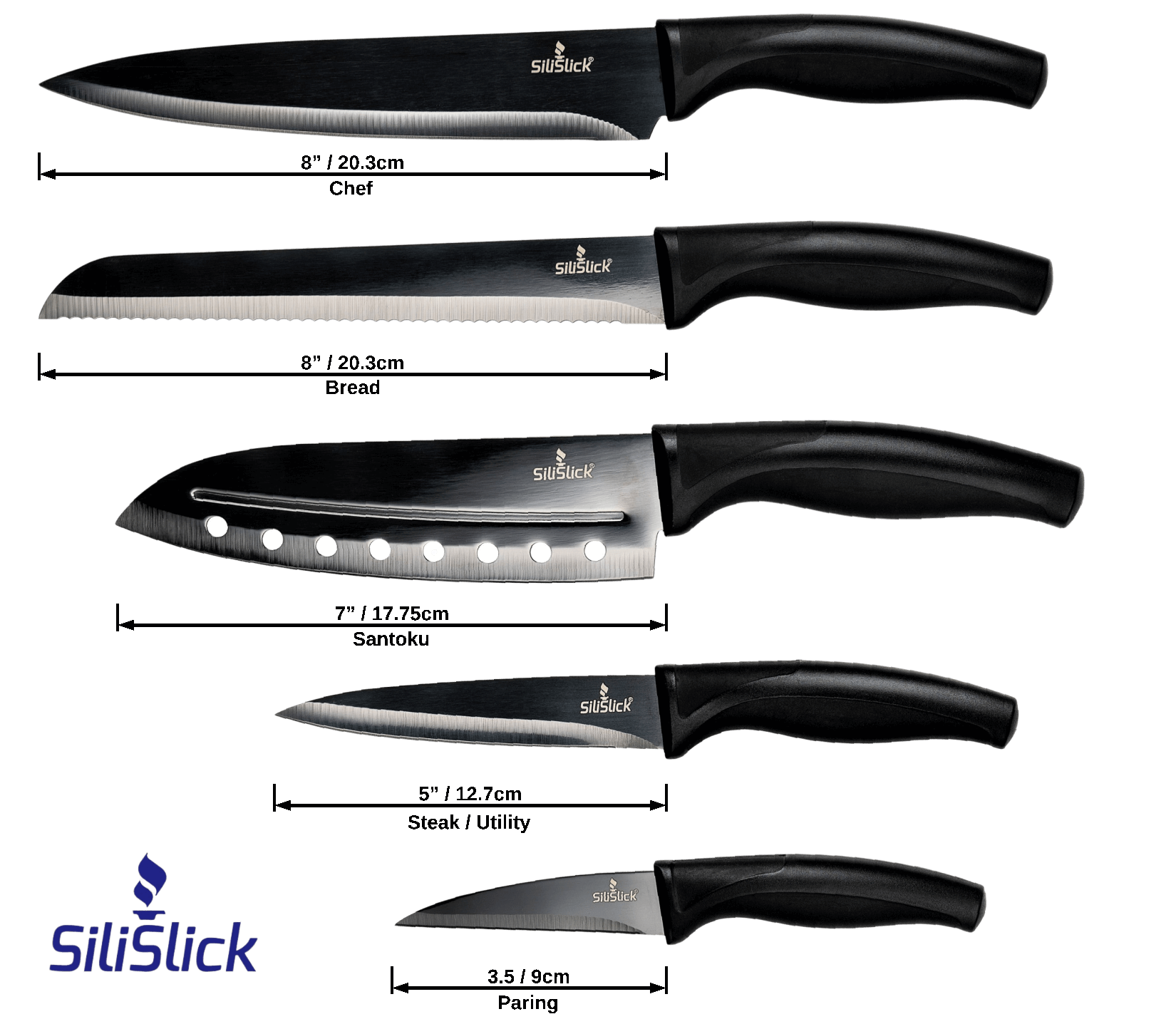 Kitchen Knife Set Kit | Black Magnetic Rack & Sharpener by DC-SiliSlick®