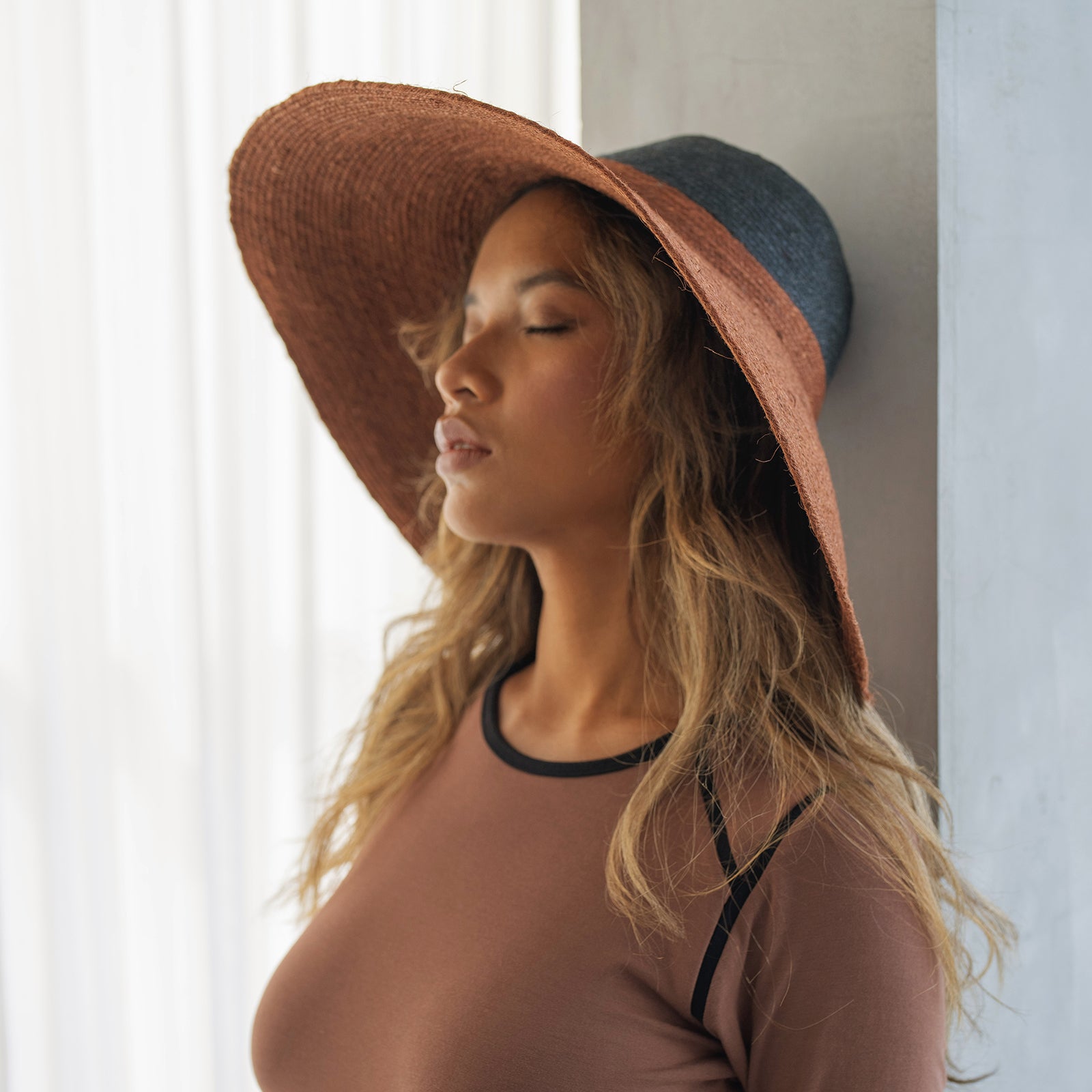 RIRI DUO Jute Handwoven Straw Hat in Burnt Sienna & Black by DC-BrunnaCo