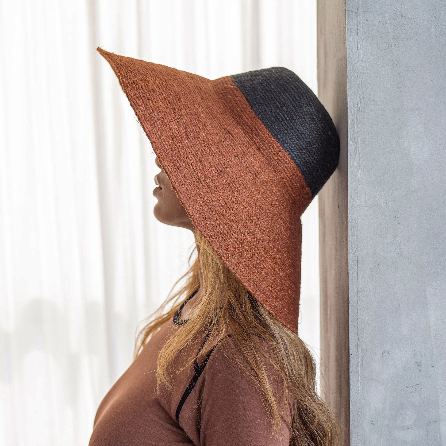 RIRI DUO Jute Handwoven Straw Hat in Burnt Sienna & Black by DC-BrunnaCo