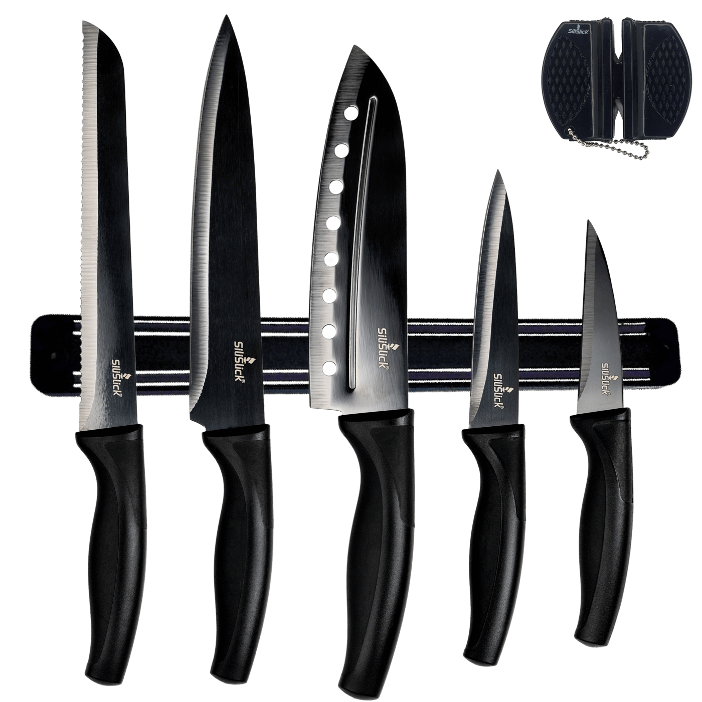 Kitchen Knife Set Kit | Black Magnetic Rack & Sharpener by DC-SiliSlick®