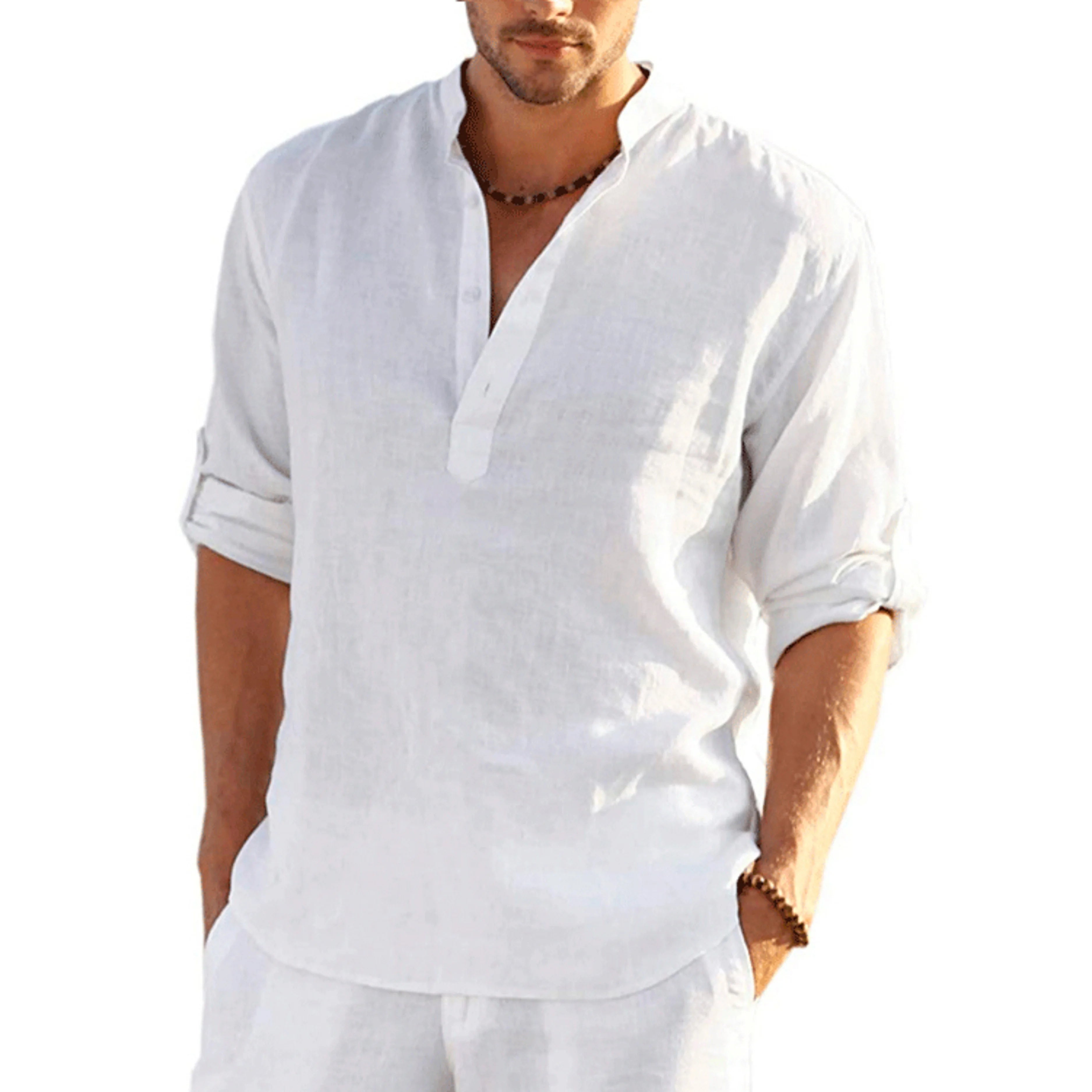 Casual shirts, loose cotton men's shirts, fashionable stand-up collar solid color long-sleeved T-shirts, handsome slim-fit tops by Rad Living