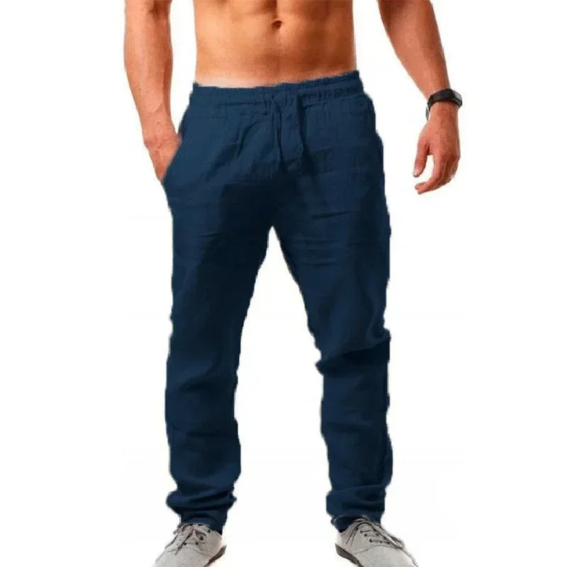 Sports pants new spring/summer fashion brand men's hip-hop breathable cotton linen solid color simple drawstring wide leg pants by Rad Living