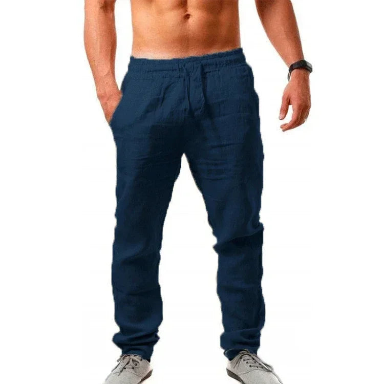 Sports pants new spring/summer fashion brand men's hip-hop breathable cotton linen solid color simple drawstring wide leg pants by Rad Living
